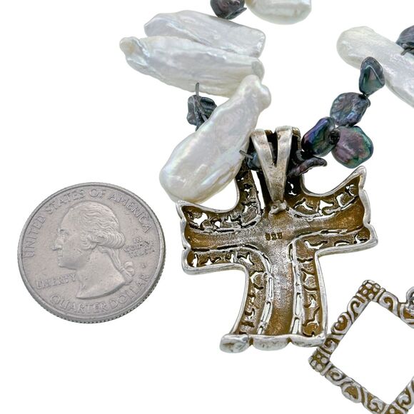 Vintage Sterling Silver 925 Cross Pendant Two Tone Baroque Pearl Necklace 18.5" - Picture 3 of 5